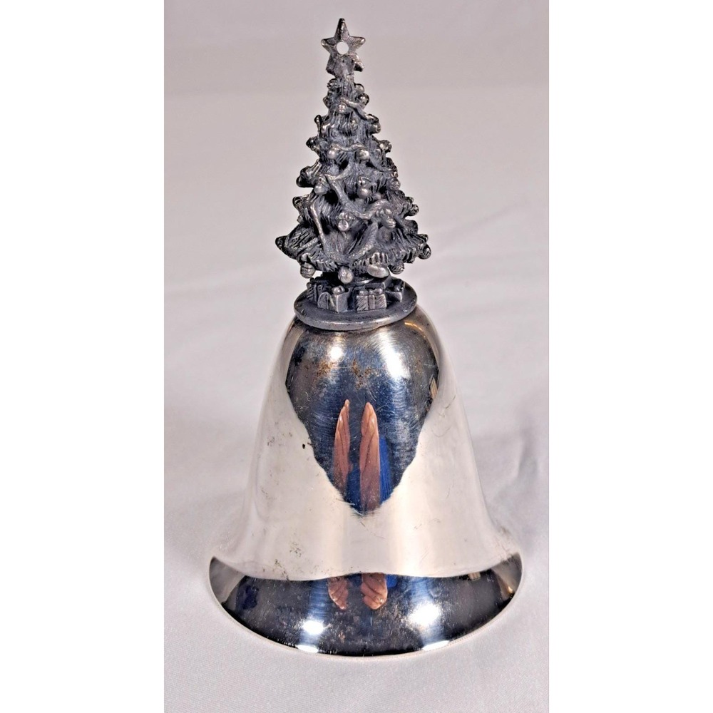 Vintage Christmas Bell with Detailed Pewter Style Evergreen Tree Handle Silver